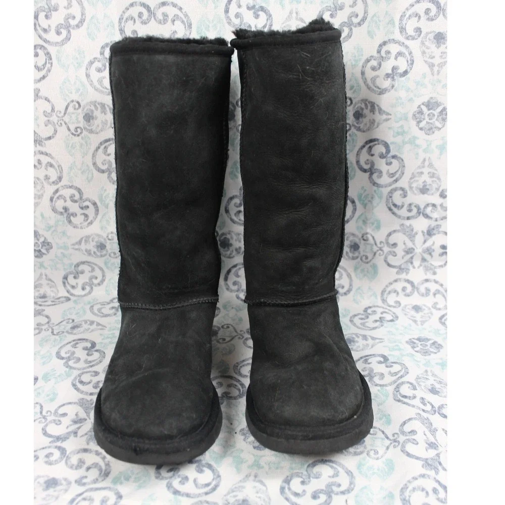 UGG Australia Classic Tall 5815 Black Leather Sheepskin Boots Womens 7‎